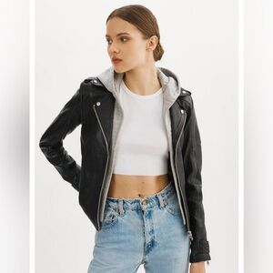 Lamarque ANNA LEATHER BIKER black JACKET Gray‎ Hoodie lambskin ladies medium